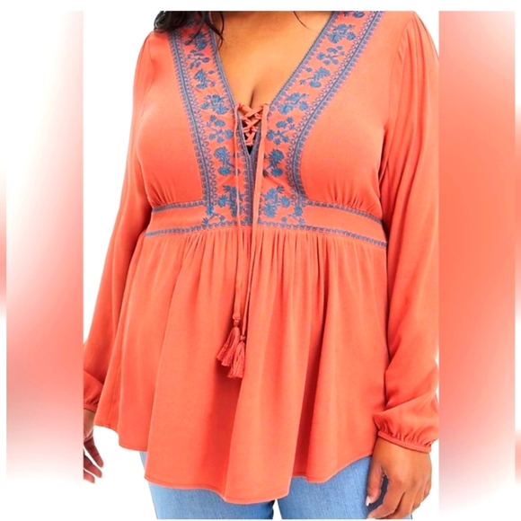 Burnt Orange Babydoll Gauze Lace Up Shirt with Embroidered, Crocheted Accents - Picture 6 of 10